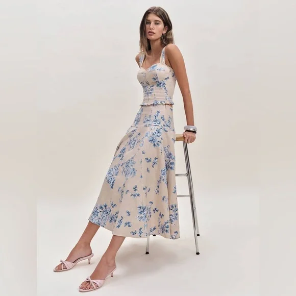 Reformation Beige Floral Midi Dress with Blue Print - Picture 2 of 6